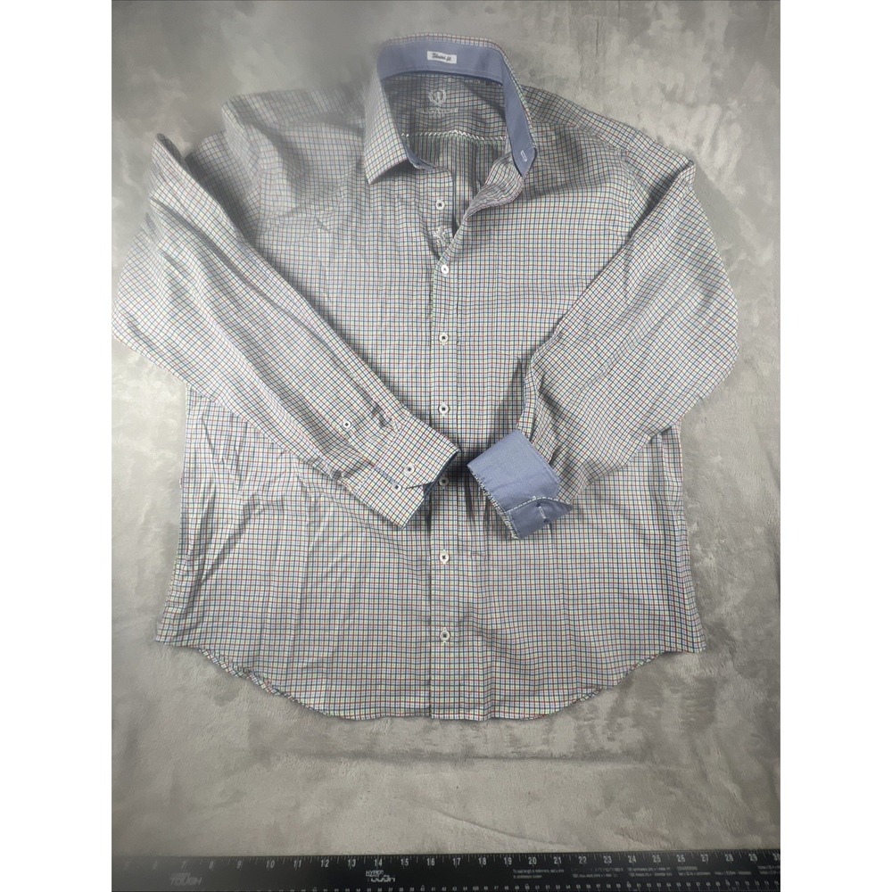 Bugatchi Uomo Shirt Mens Size 2XL Blue White Plaid Shaped Fit Long Sleeve Cotton